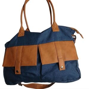 Women Blue and Tan denim Tote crossbody Fashion Bag 11 X 13 inches